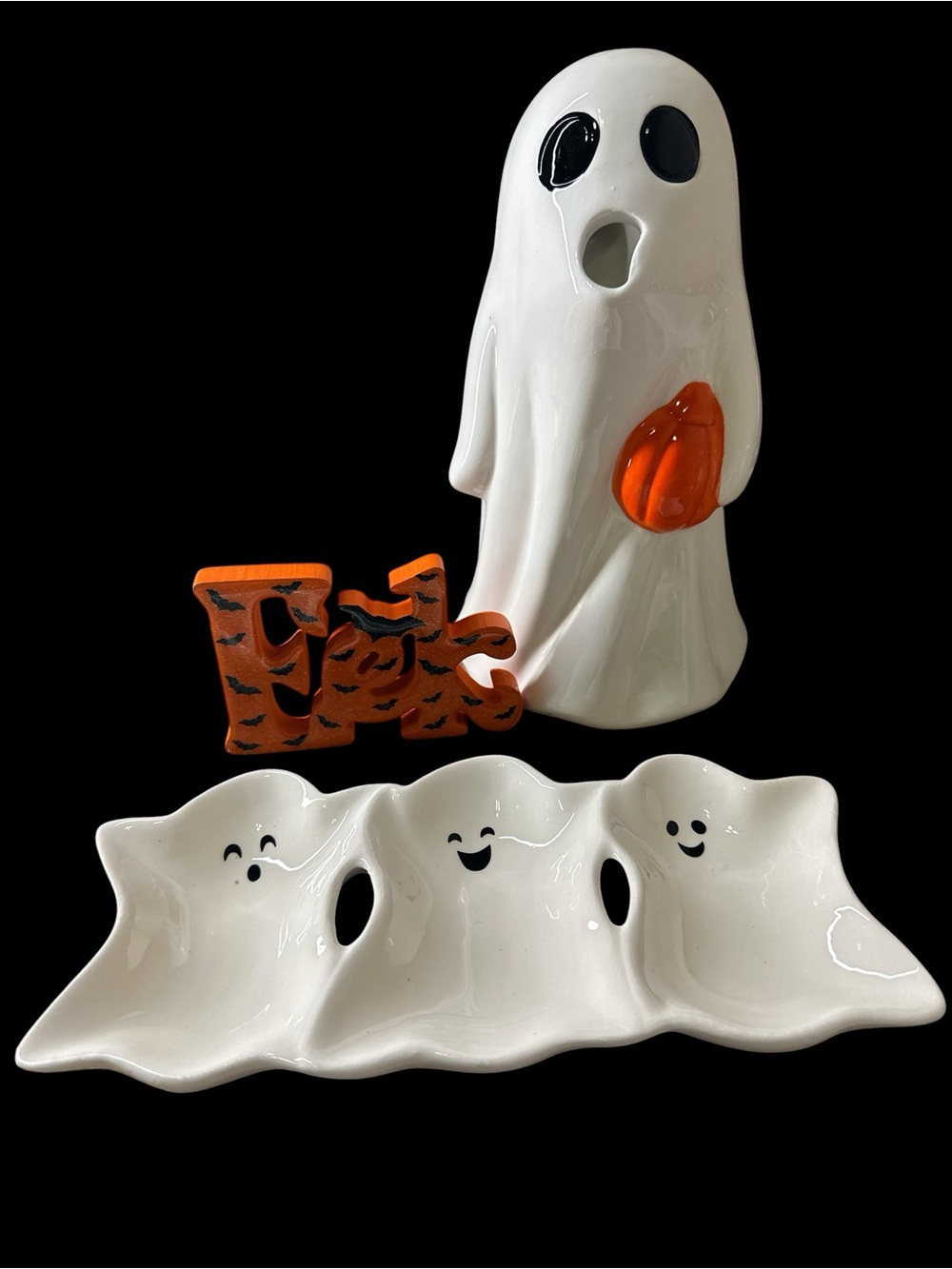 White Ghost Trio Candy Dish, Orange Eek and Ghost Pitcher NEW!!!